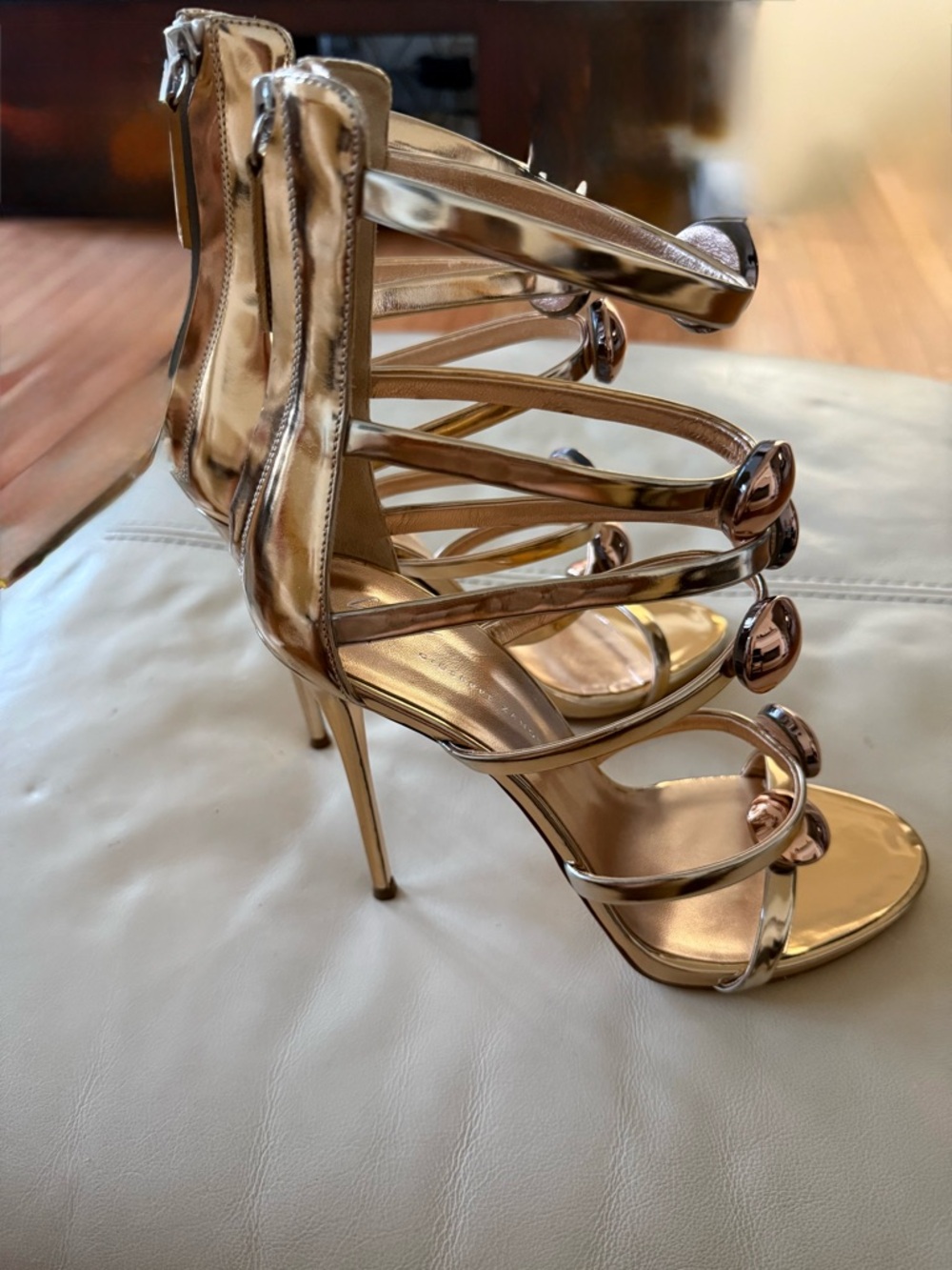Giuseppe Zanotti Gold Alien Cage Sandals w/Rose Gold Orbs. - Picture 9 of 14